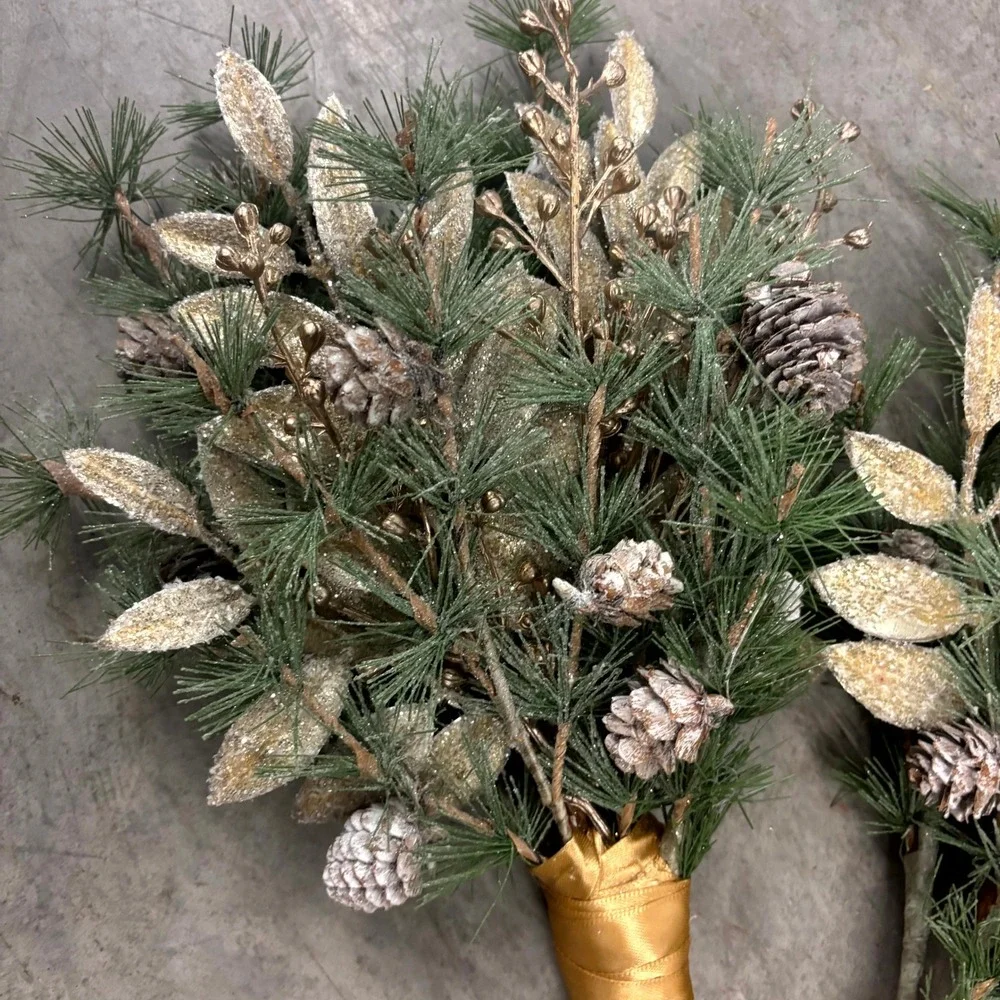Set of 4 Winter Pine Floral Picks Gold Leaves Pinecones Holiday Christmas Decor